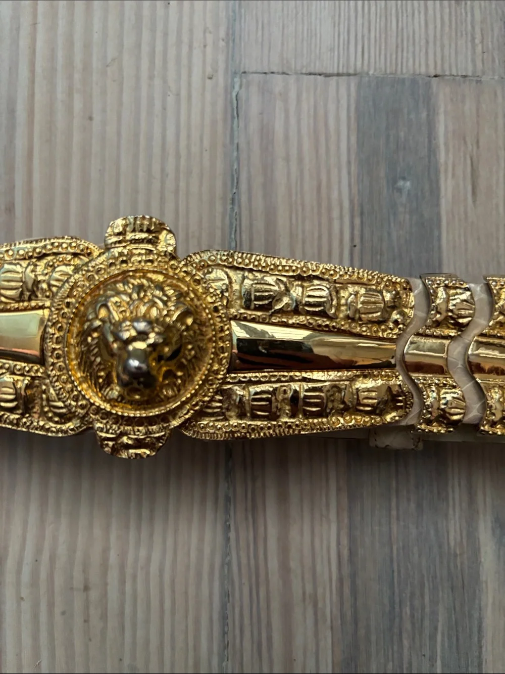 Vintage Judith Leiber Ivory Snakeskin Signature Belt with Gold Lion Crest